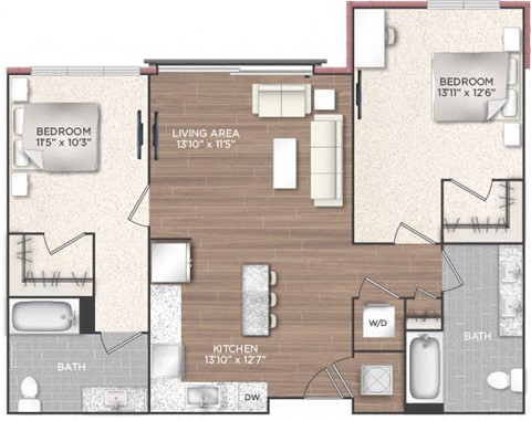 Floor plan for 2 beds, 2 baths, 1017 sqft